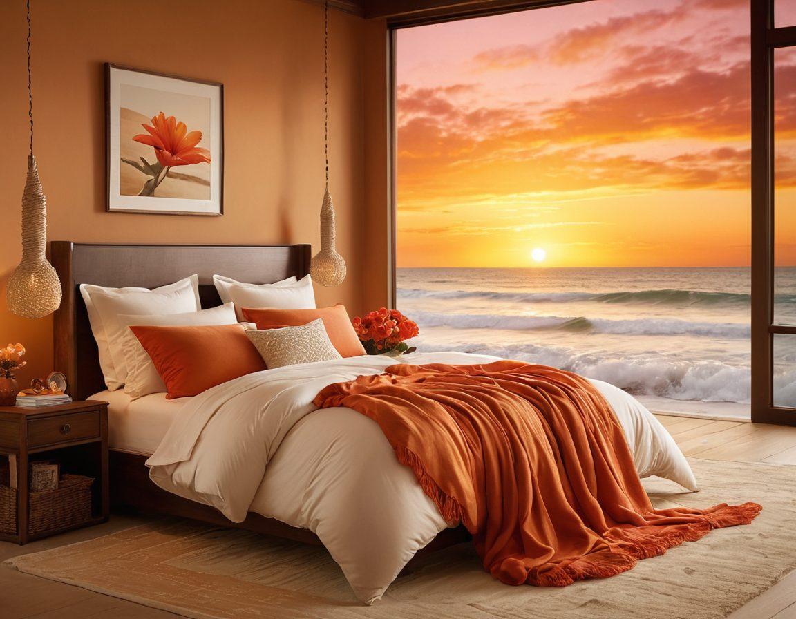A sultry beach scene transitioning into a cozy bedroom setting, featuring a model in stylish beachwear that seamlessly blends into elegant intimate apparel. The background combines soft sand and crashing waves with warm, inviting interior decor. Add playful elements like exotic flowers and soft pillows to enhance the mood of intimacy and allure. Blend sunset colors with gentle lighting to create a romantic atmosphere. super-realistic. warm colors. soft focus.