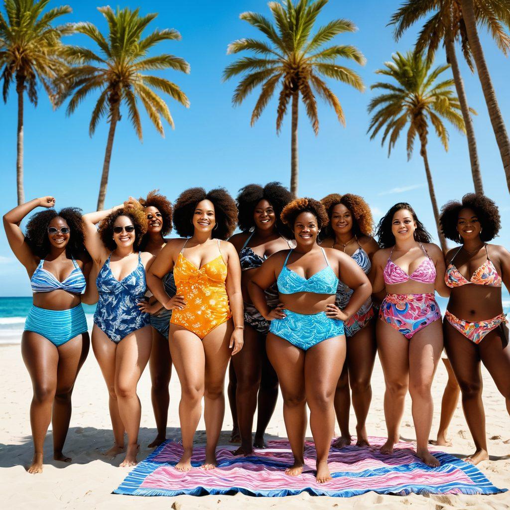 A diverse group of joyful individuals of different body shapes and sizes, confidently wearing trendy swimwear on a sunny beach, showcasing vibrant colors and patterns. The scene includes palm trees, beach towels, and playful waves in the background, emphasizing body positivity and confidence. The sun casts a warm glow, highlighting the happiness and freedom of embracing one's body. super-realistic. vibrant colors. summer theme.